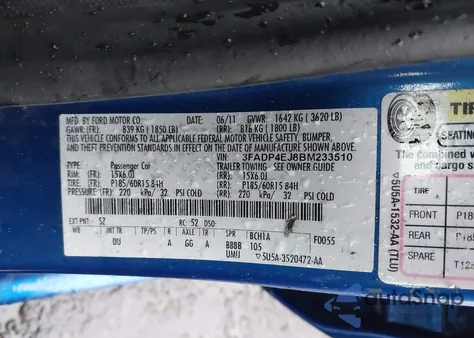 2011 Ford Fiesta Se z USA, uszkodzony, nr VIN 3FADP4EJ8BM233510